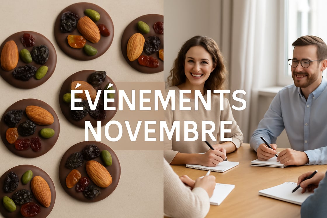 une image avec sur le ct gauche des chocolats mendiants au centre crit vnements Novembre et  droite un groupe de personnes europennes femme et homme a